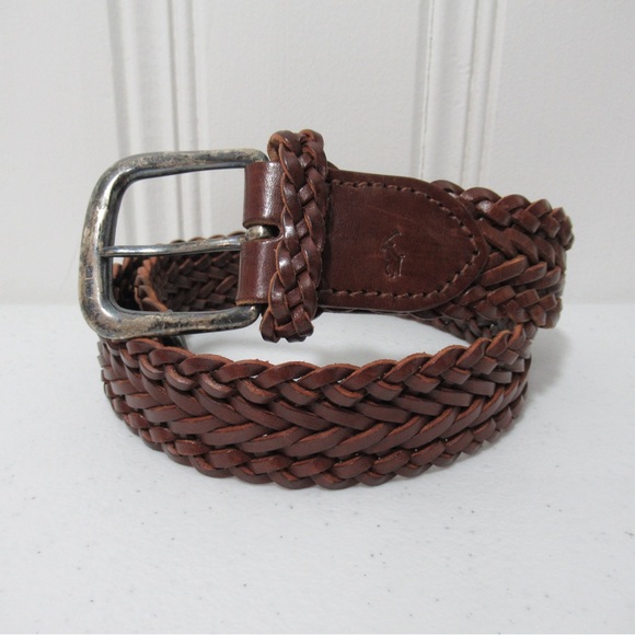 Vintage RL 80s 1985 Ralph Lauren Brown Braided Woven Leather Belt - Picture 1 of 13